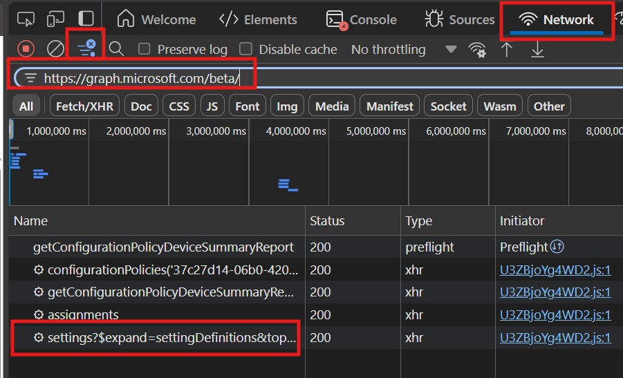 Browser F12 Developer Tools showing Graph API network requests